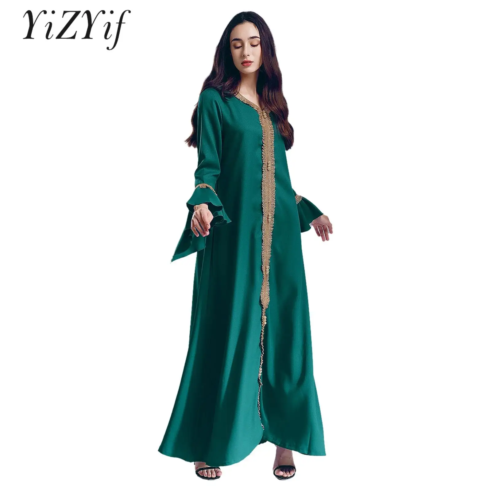 

Women Flared Sleeves Muslim Abaya Dress with Shimmery Gold Trim Elegant Muslim Abaya Dress Homewear Long Robe Ramadan Costume