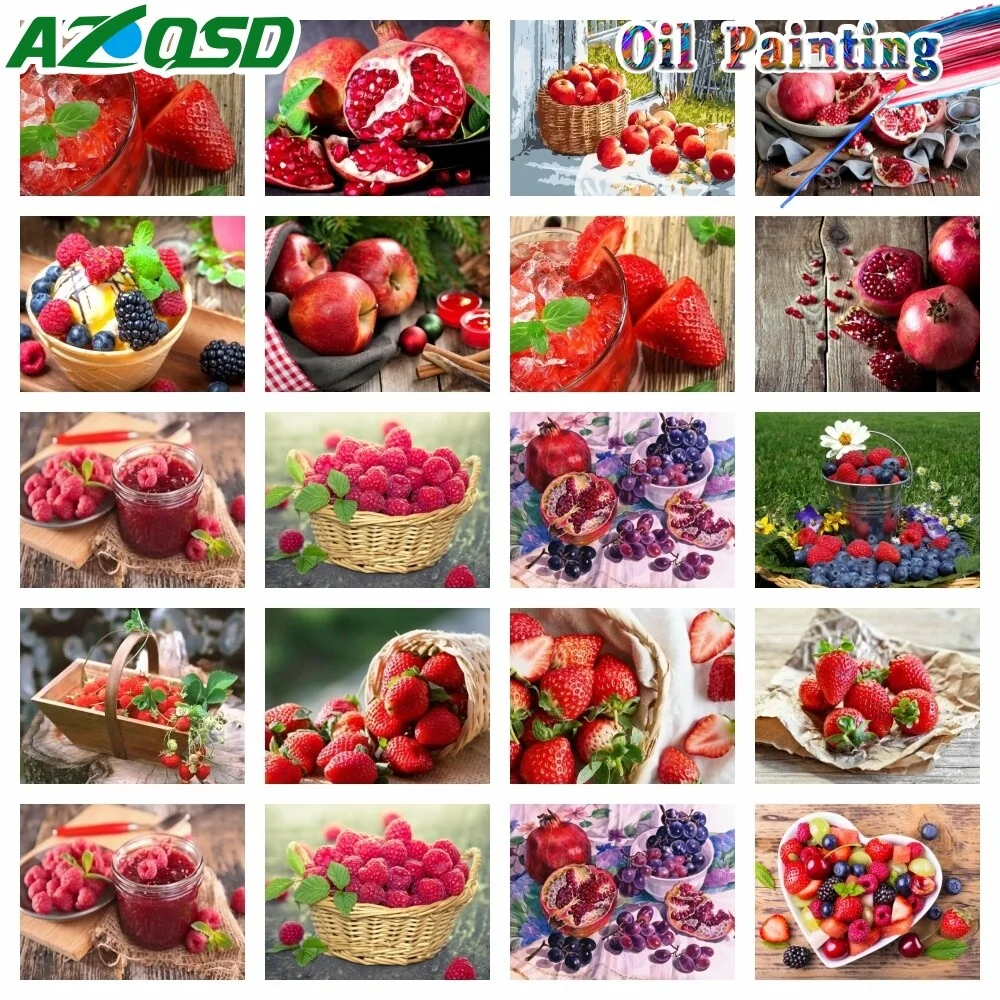 AZQSD Painting By Number Fruit Flower Kits Picture Artcraft Strawberry 40X50cm Draw On Canvas Kitchen Berry Home Decor