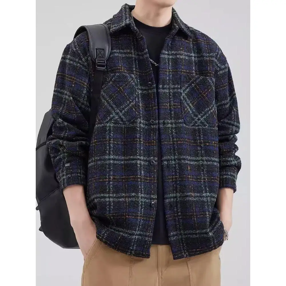

Autumn New Plaid irt Jaet Men's Faion Loose Collar Casual Outerwear Youth Leisure Coat Polyester Long Sve Button Clo...