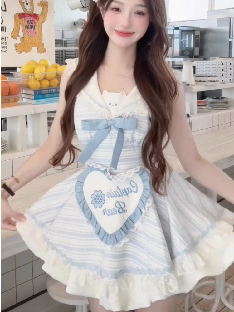 

Japanese Kawaii Sweet 2 Piece Sets Women Y2k Fairy Cute Design Tops + High Waist Chic Skirt Female Chic Korean Popular Clothes