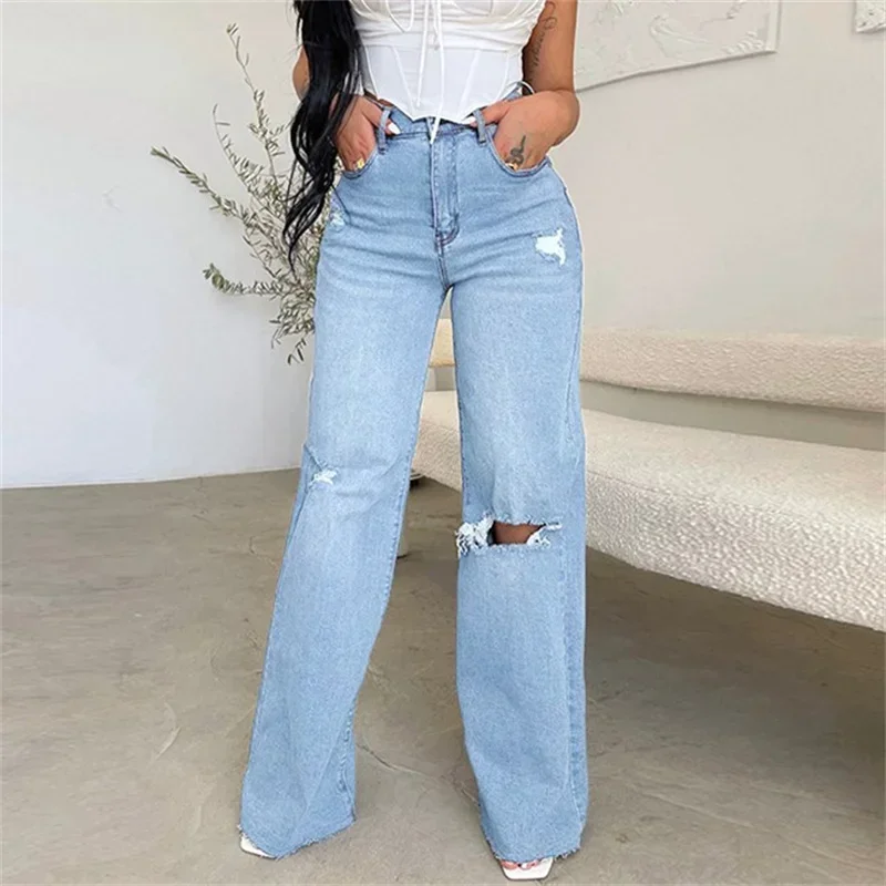 

Women Knee Broken Holes Trend Straight Jeans Fashion Comfortable Casual High Waist Denim Pants Female Loose Wide Leg Trousers 24