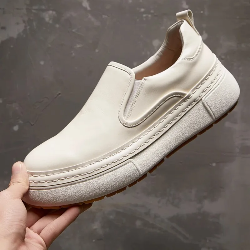 Minimalist Cowhide Men Slip-On Sneakers Multi-Layer Stitched Chunky Sole Platform Loafers Lightweight Daily Footwear
