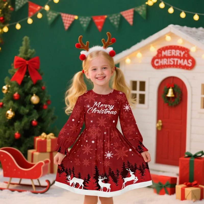 Christmas Girls Long Sleeve Dress - Snowflake Deer Print Red Holiday Party Dress, Kids Xmas Festival Outfit