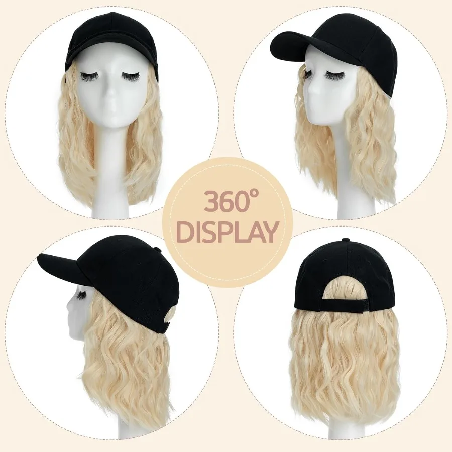 قابل للتعديل قصيرة مجعد متموج بوب تصفيفة الشعر قبعة بيسبول شعر مستعار مع وصلات شعر للنساء 8 الاصطناعية شقراء متموجة بوب قبعة شعر مستعار ث #5