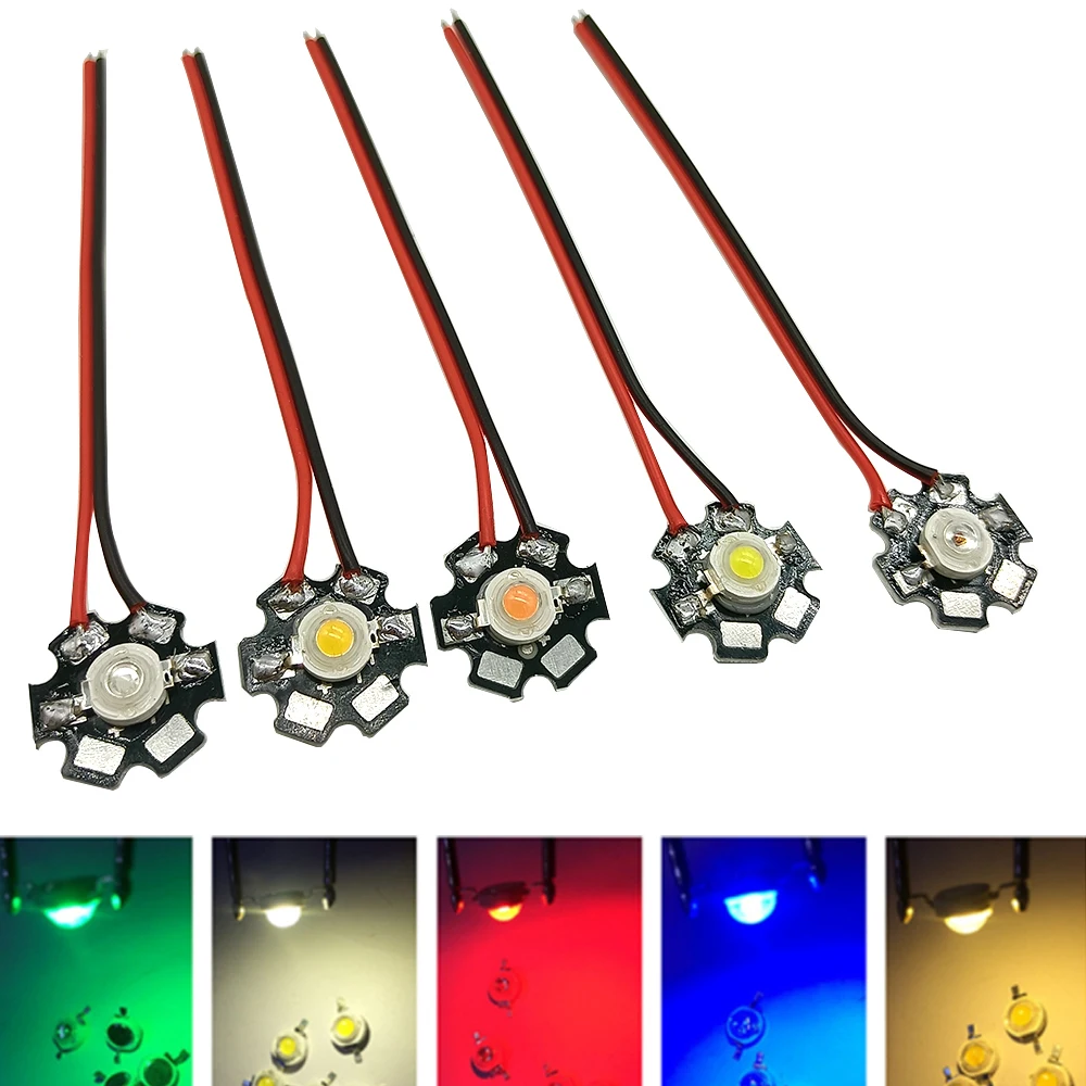 10pcs1W 3W High Power LED Diodes Pre-soldering 10cm Wire with 20mm Star PCB White Warm Deep Red Green Royal Blue Yellow UV Color