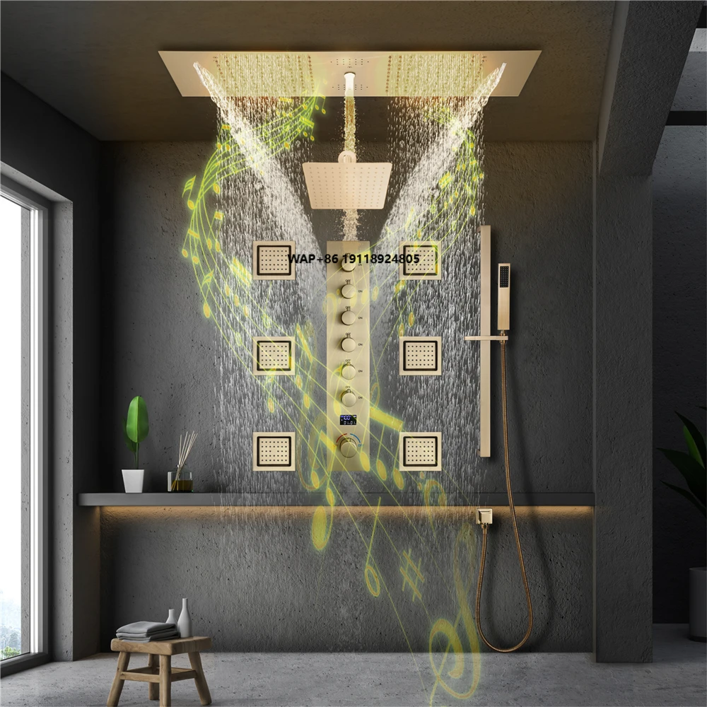 Torneira de Chuveiro para Banheiro com LED e Música, Cabeça de Chuveiro de 36*12 Polegadas com Display de Temperatura e Corpo Principal em Latão