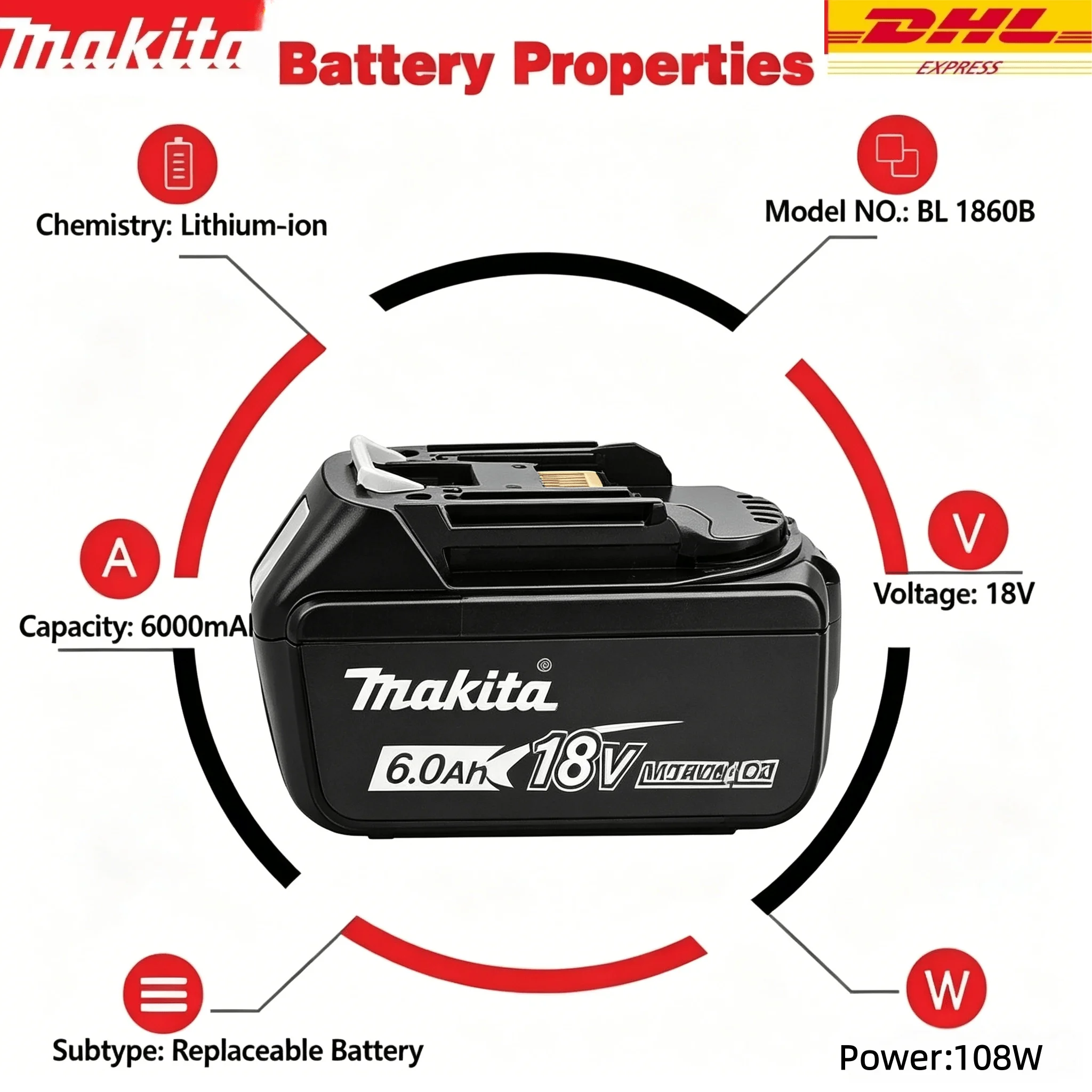 

New Original Makita Power Tool Battery 18 Volt 6.0Ah Rechargeable Lithium Battery Replace BL1830 BL1840 BL1850 BL1860B