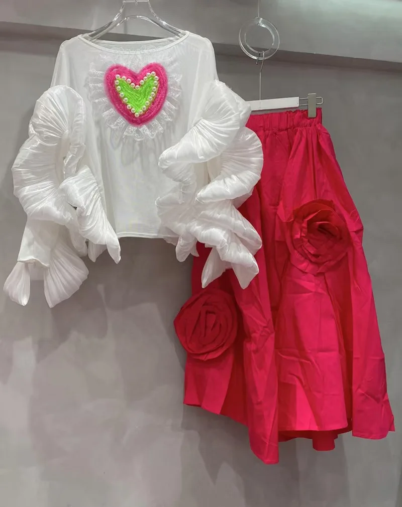 Women Love Embroidery Diamonds Pearls Beaded T-shirt Ruffles Edges Long Sleeve Tees Loose Irregular Irregular Lotus Jumpers Tops