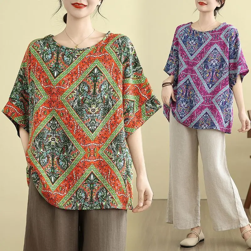 Cotton and Linen Large Size Loose Slimming Top Summer Ethnic Style Elderly Retro Casual Versatile Short Sleeved T-shirt