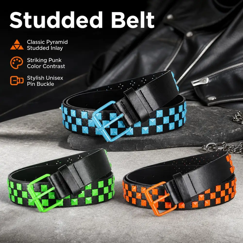 Fashion Punk Square Beads Belt Women Pin Buckle Decor Spray Paint Pyramid Inlaid Wide Leather Belt Belts For Women