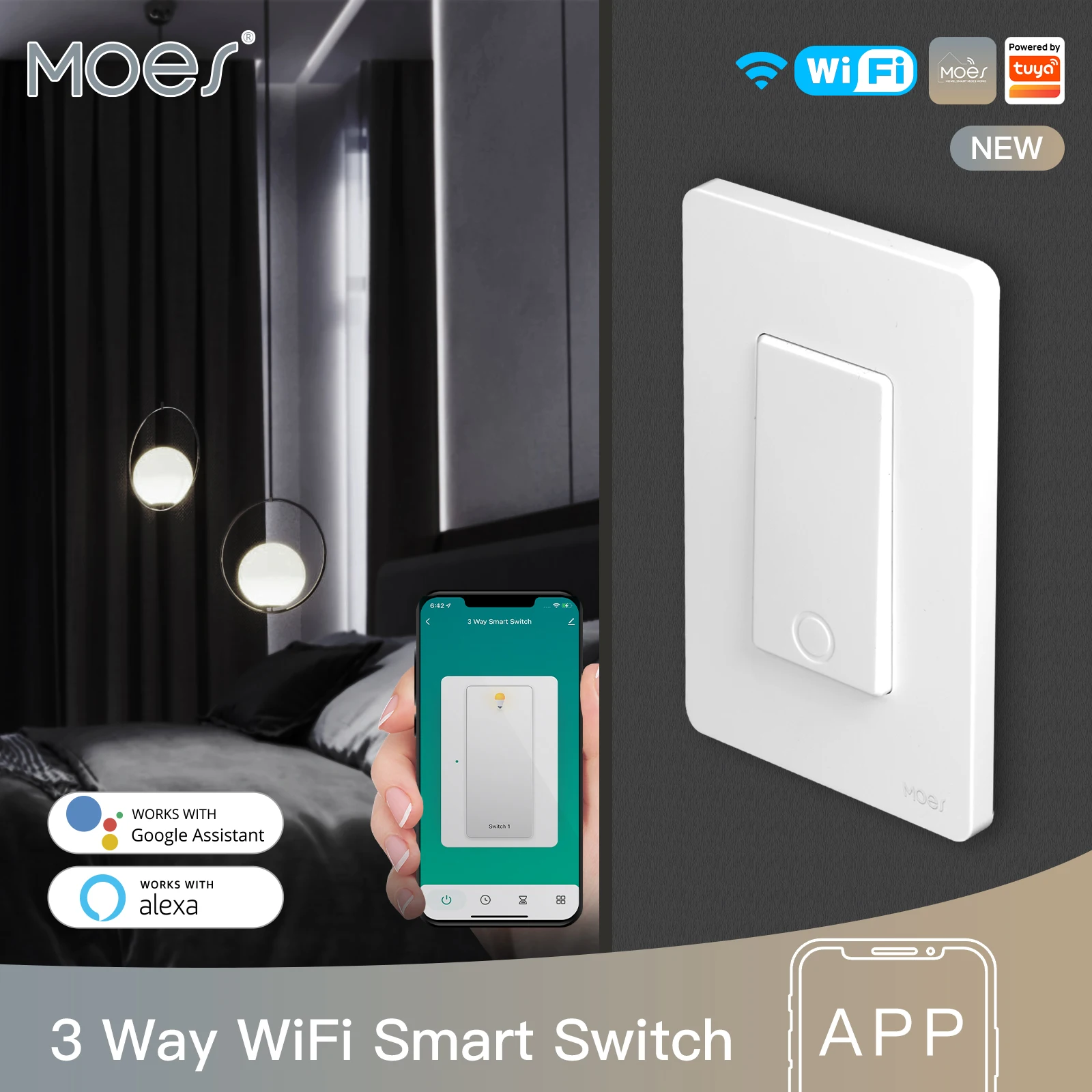 สวิตช์วงแหวนดาว MOES WIFI ซีรีส์ Tuya Smart WiFi แบบ 3 ทาง/แบบขั้วเดียว ควบคุมไฟด้วยปุ่มกด ควบคุมด้วยเสียงผ่าน Alexa และ Google Home
