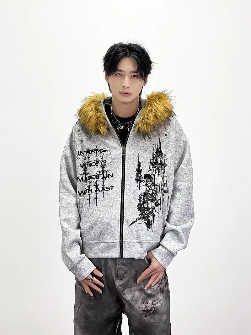 Y2K ثقافة فرعية أمريكية شارع العليا الموضة العصرية الفراء طوق مقنعين البلوز فضفاضة عادية سترة قصيرة سترة