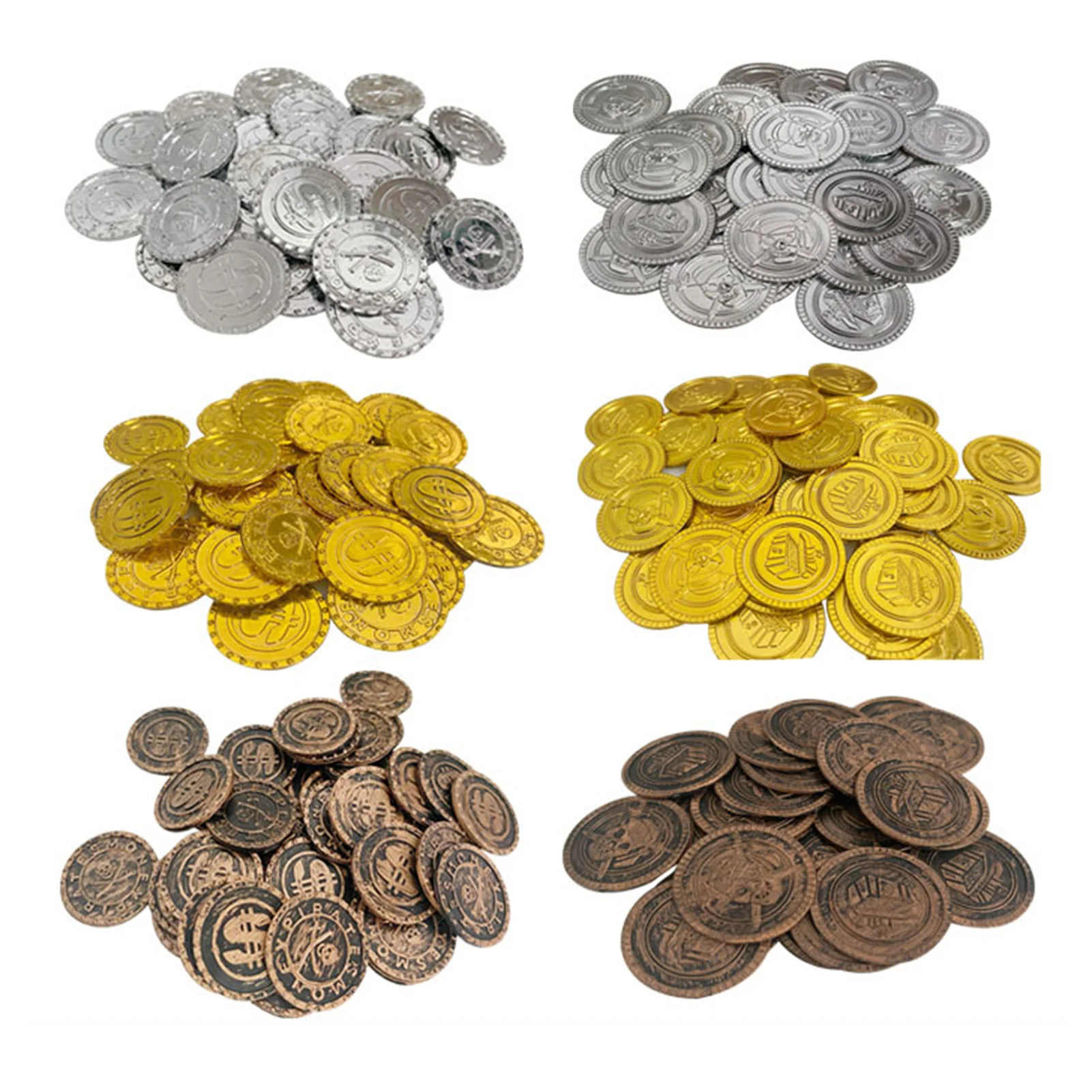 100pcs Pirates Gold Coins Plastic Gold Coins Props Game Accessary Funny Playing Toys For Kids Children Golden Silver Bronze Coin