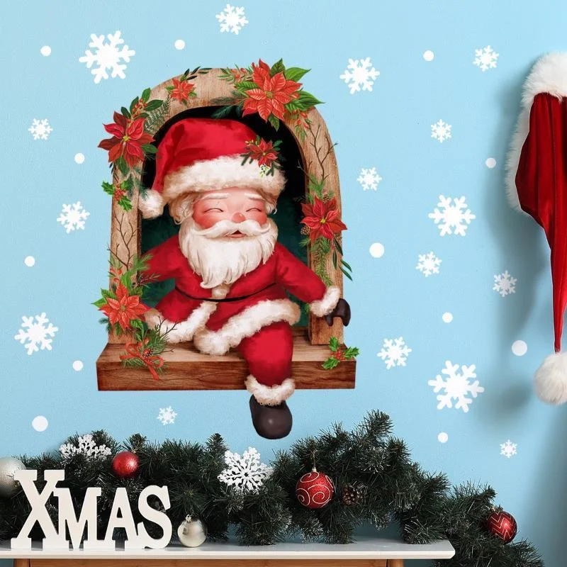 Cartoon Santa Claus Snowflake False Window Wall Decal Christmas Decoration Wall Sticker