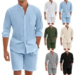 Men Shirt Shorts Set Men Summer Outfit Men's Casual Summer Outfit Set with Stand Collar Shirt Wide Leg Shorts Solid for Men