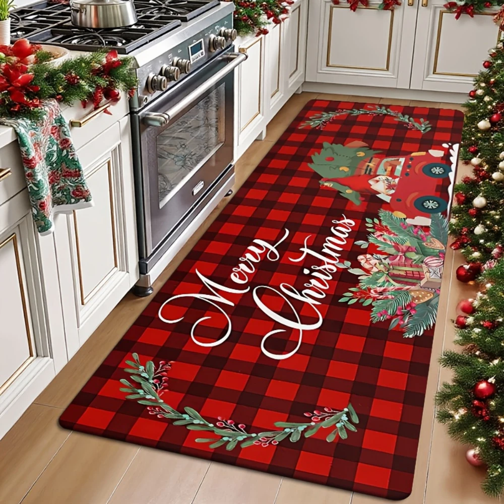 Buffalo Plaid Merry Christmas Kitchen Runner Rug Entryway Area Rug Bedroom Living Room Laundry Floor Mat Winter Carnival Gift