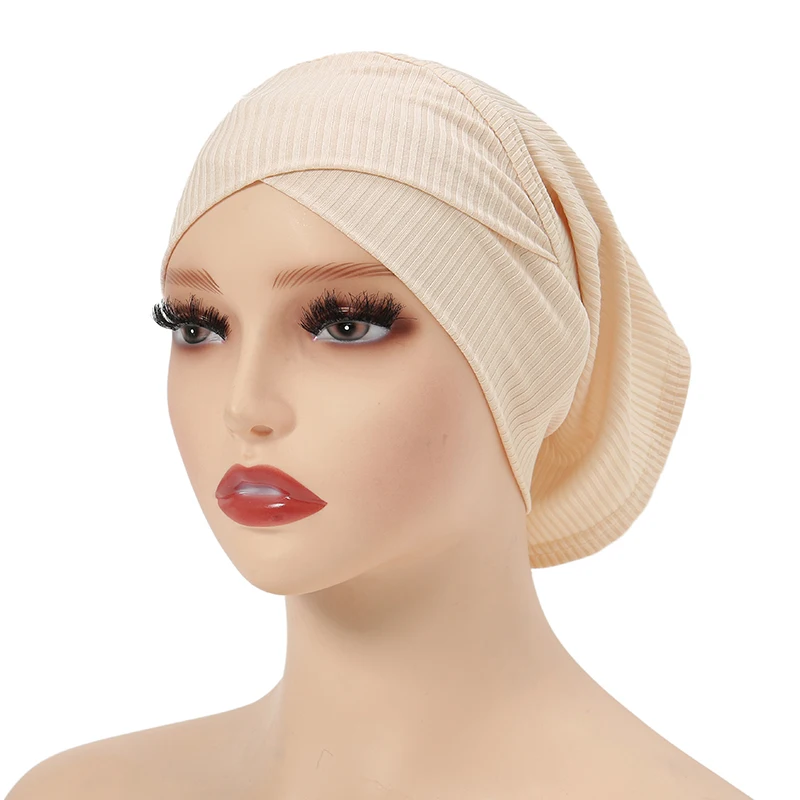 Fashion Solid Color Inner Hijab Turban Cotton Stripe Stretch Scarves Women Hijabs Undercap Muslim Headscarf  28*22CM