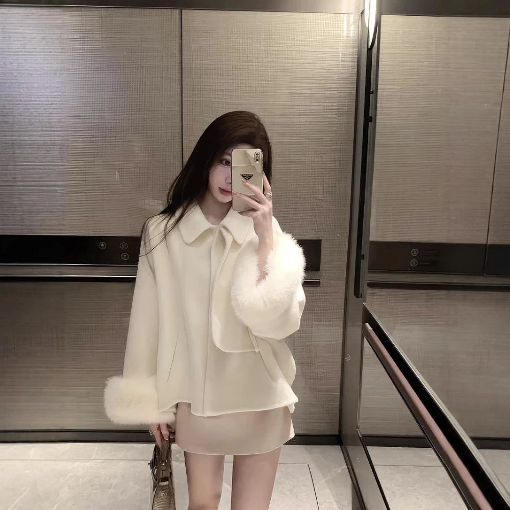 

CXFS 2022, осенне-зимнее новое двухстороннее кашемировое пальто с лисьим мехом, женская шерстяная куртка с мехом