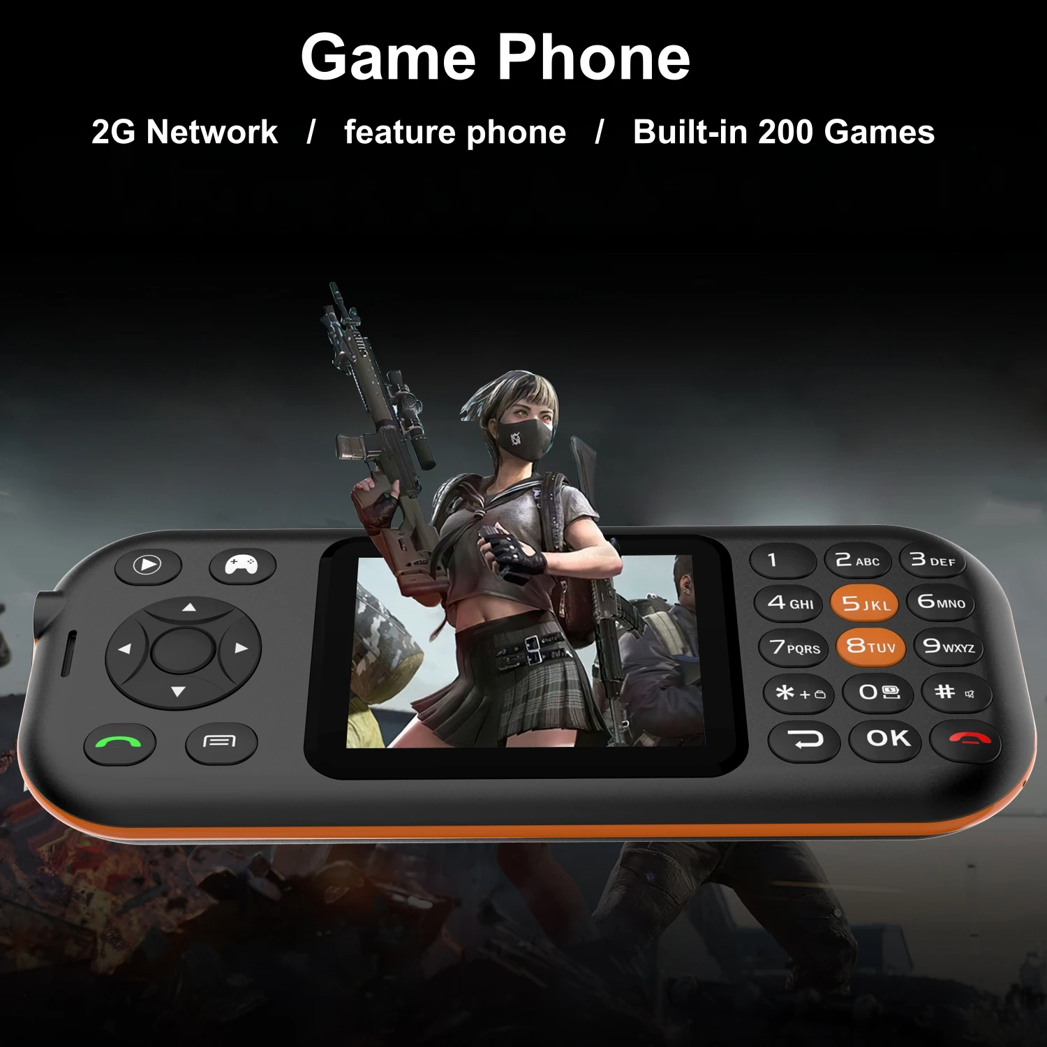 โทรศัพท์แบบปุ่มกด, โทรศัพท์เล่นเกมหน้าจอแนวนอน, รองรับสองซิม, หน้าจอ 2.8 นิ้ว, เกมในตัว 300 เกม, แบตเตอรี่ 2500mAh, อายุการใช้งานแบตเตอรี่ยาวนาน