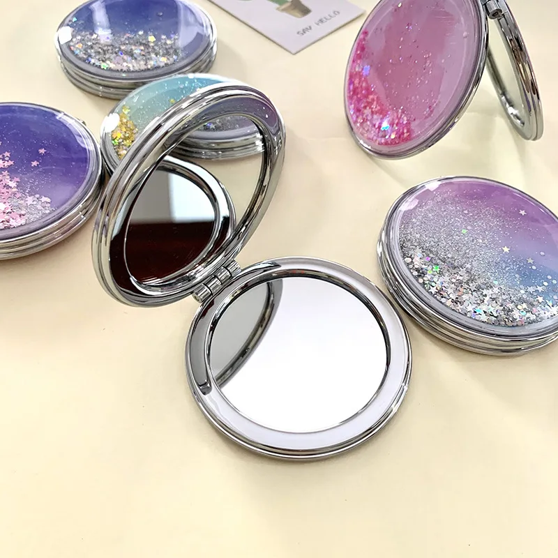 Espejo cosmético plegable portátil de doble cara, Mini espejo de maquillaje compacto de bolsillo, regalos femeninos con arena brillante que fluye