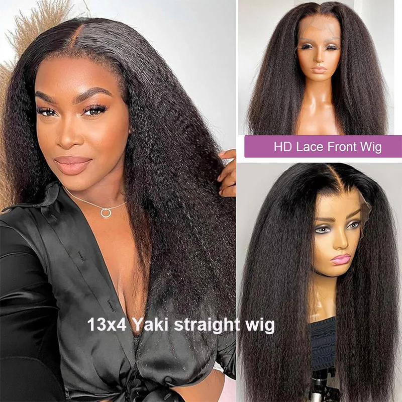 Perruque de cheveux humains Yaki droite avec dentelle transparente 13x4 - Perruque de cheveux Remy noir naturel 1B pour femme, respirante et durable