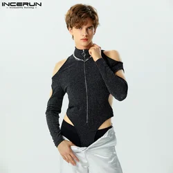 2023 Men Bodysuits Solid Shiny Turtleneck Zipper Long Sleeve Hollow Out Sexy Male Rompers Streetwear Fitness Bodysuit INCERUN