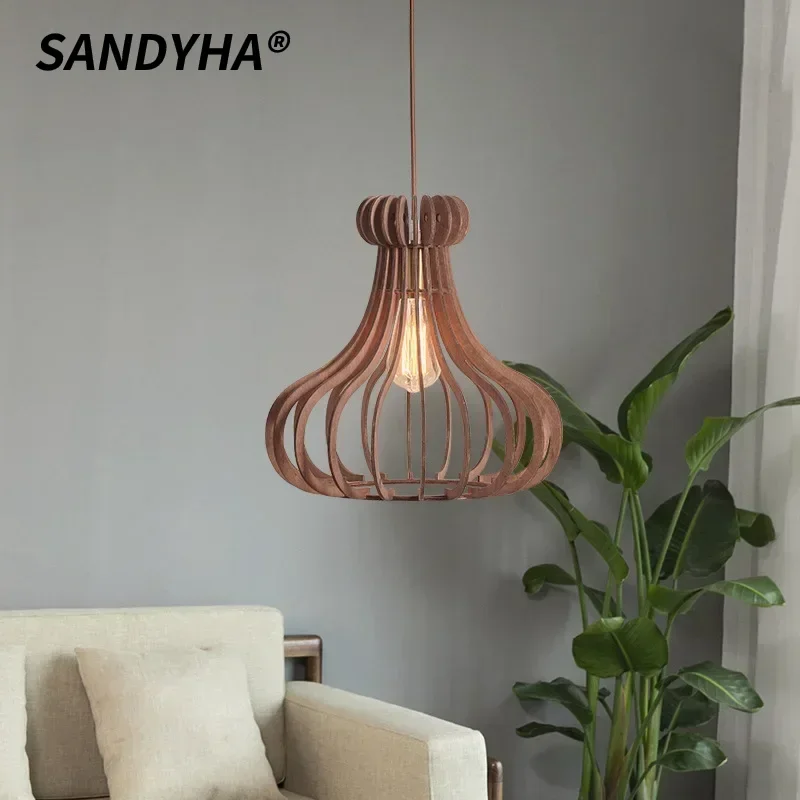 

SANDYHA Retro Chandelier Solid Wood Art LED Pendant Lamp for Restaurant Living Room Bar Bedroom Bedside Home Decoration Lighting