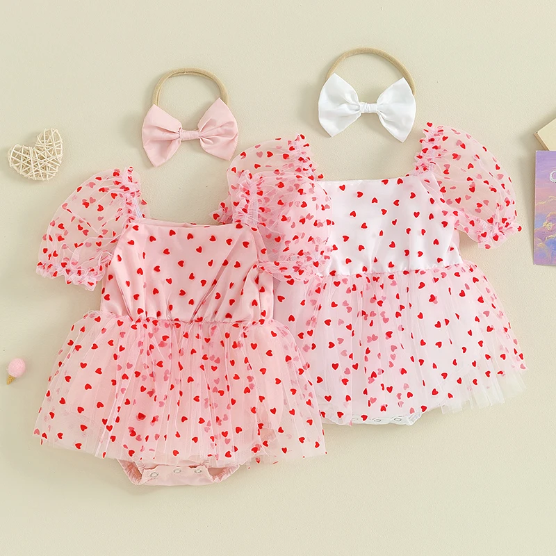 

0-18M Summer Baby Girl Rompers Newborn Infant Toddler Heart Print Jumpsuit Headband Princess Baby Girl Valentine's Day Outfits