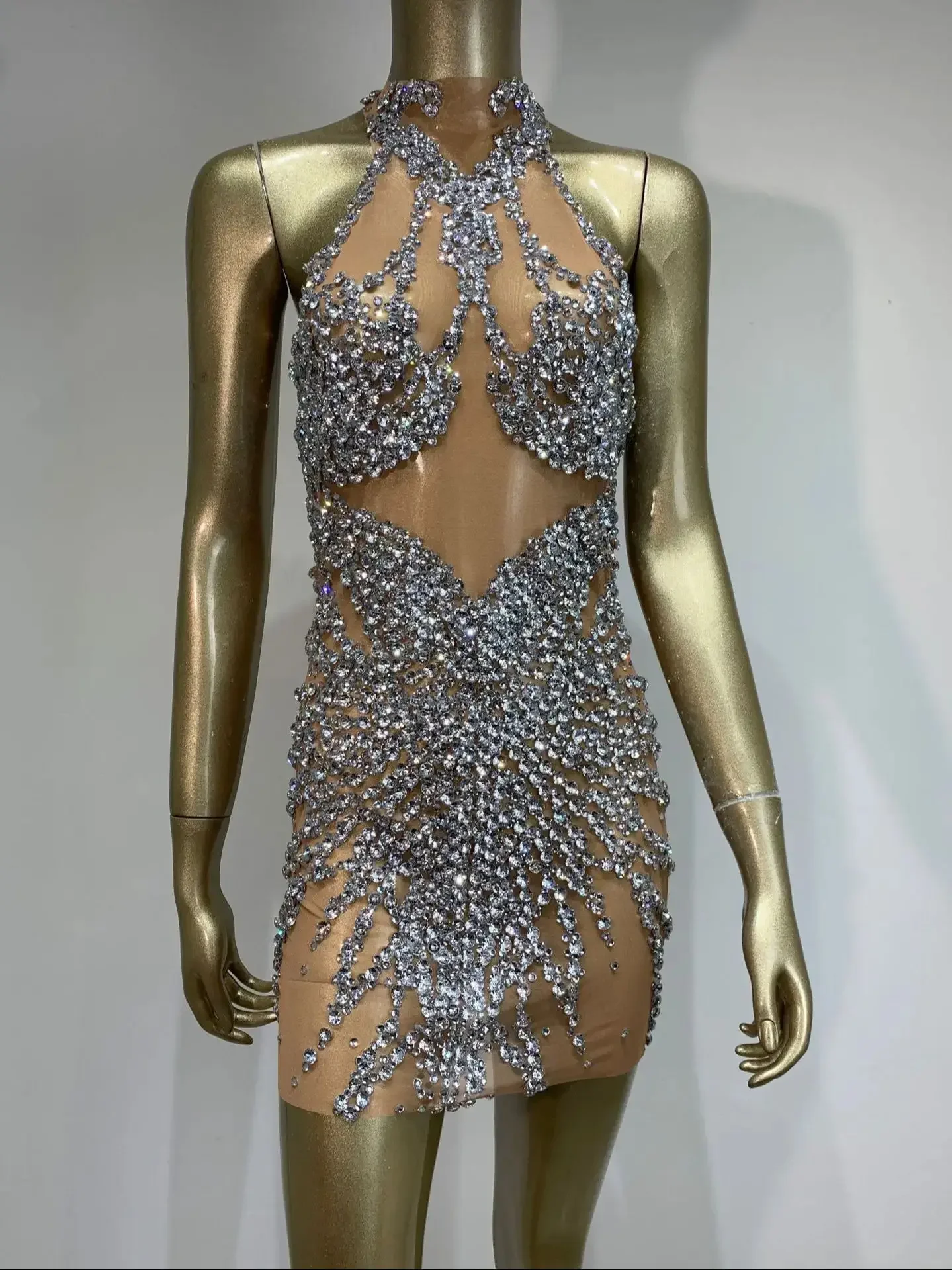 Femmes Sexy réservoir maille paillettes kaki Mini cristal diamants robe fête d'anniversaire Costume Bar discothèque scène Performance vêtements