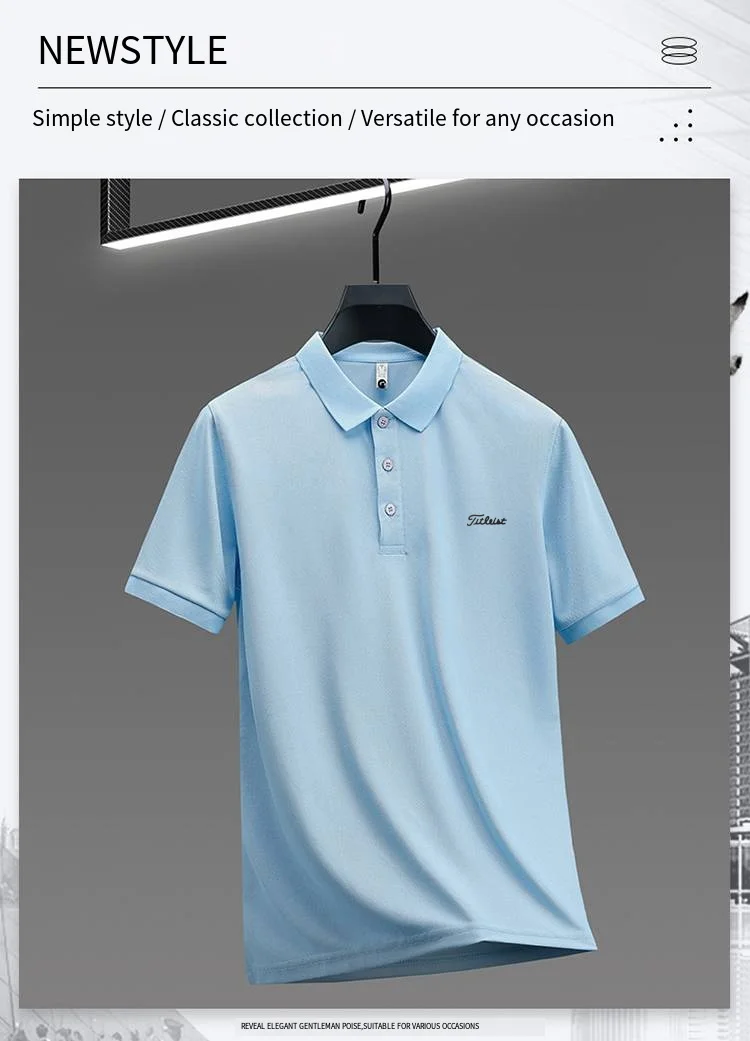 Business Casual Herren Neues Kurzarm-Poloshirt mit Kragen und Knöpfen, Einfarbig mit Schriftzug, Bequemes Atmungsaktives Herren-T-Shirt – Detail 2