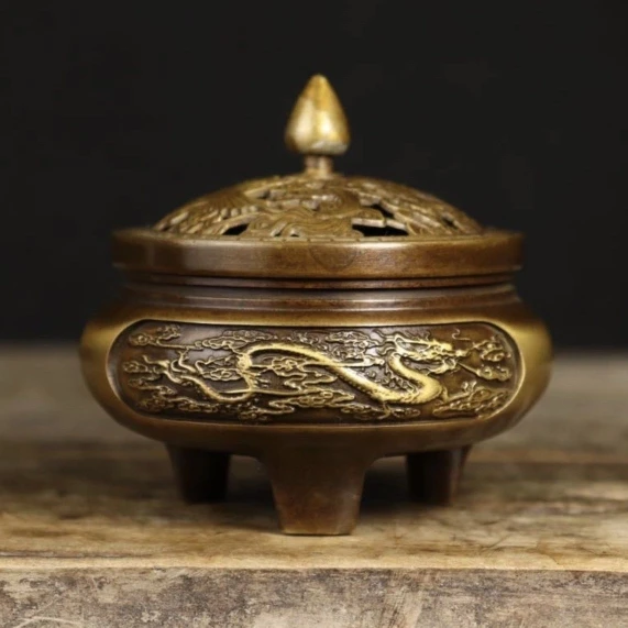 

pure copper, brass, gilded dragon and phoenix incense burner, pure copper, three legged sandalwood Buddhist temple ornament