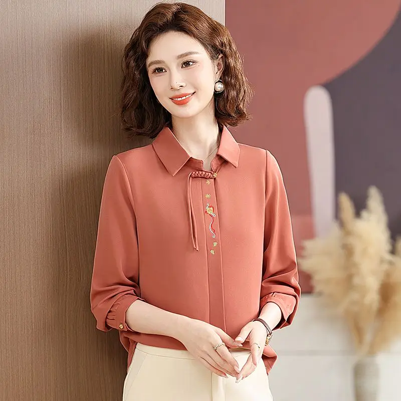 

Женская блузка из шифона с вышивкой и отложным воротником, с длинным рукавом, для среднего возраста, весна-осень, повседневная