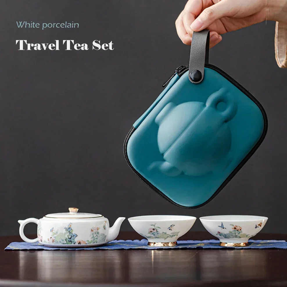 Hydrangea Suet Jade White Porcelain Tea Set Outdoor Portable Travel Tea Service 1 Teapot 2 Cups Ceramics Kung Fu Tea Set