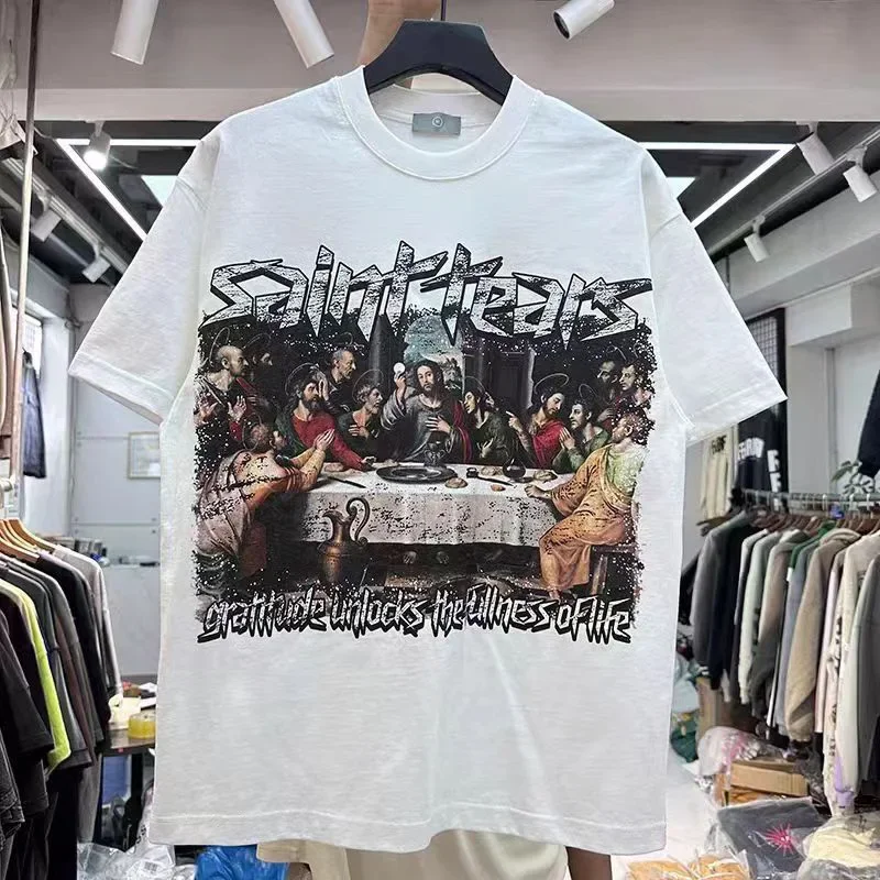 Chaopai New Saint T-shirt Black White Men Woman Good Quality Last Supper Printing Loose Casual Vintage Tops Tee