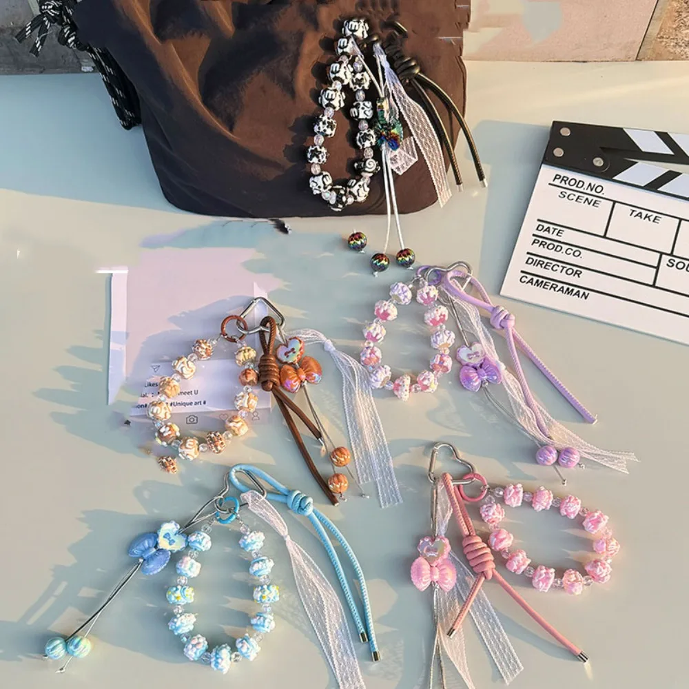 แฟชั่น Bowknot เชือกหนังพวงกุญแจมือวาดลูกปัดกระเป๋าจี้เครื่องประดับเชือก Y2K กระเป๋า Charms ของขวัญ