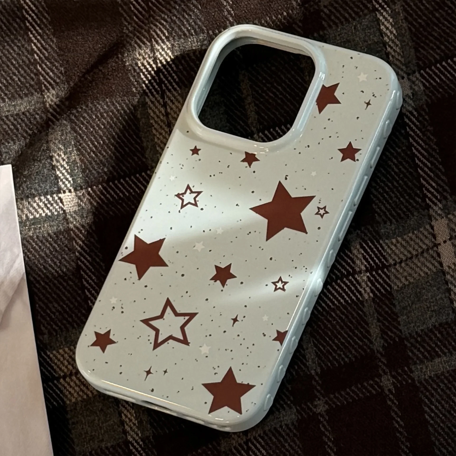 Korean Full Screen Splash-ink Brown Stars Soft Phone Case For iPhone 17 16 15 14 13 12 Pro Max Y2K Shockproof Protective Cover