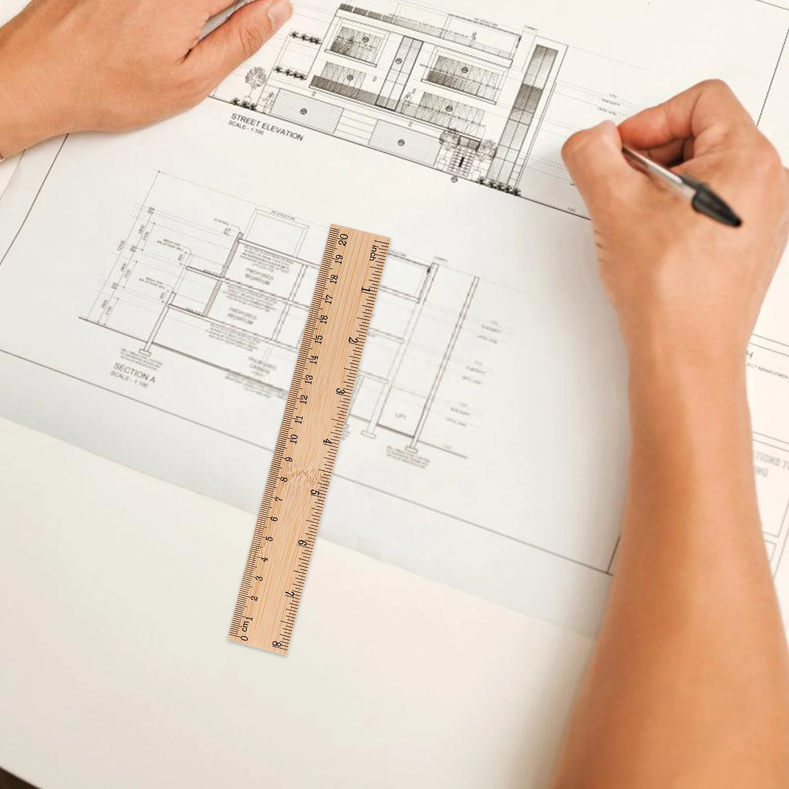 6pcs Bamboo Rulers Set Clear Printed Measuring Straight Edge For Drawing Engineering Office School Portable Practical Ruler With