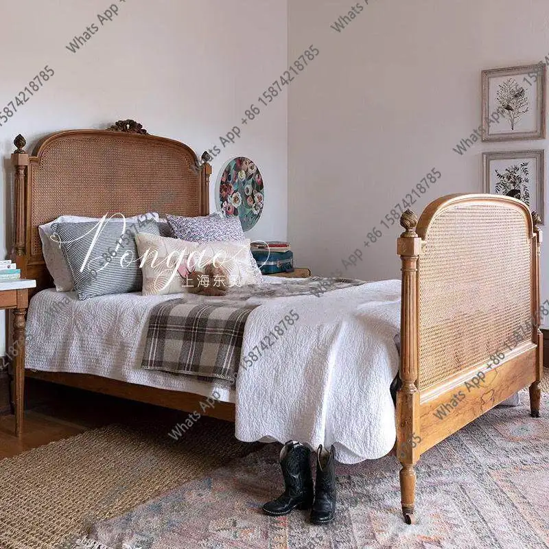 

French retro solid wood rattan bed/American country rattan bed/medieval plant rattan bed
