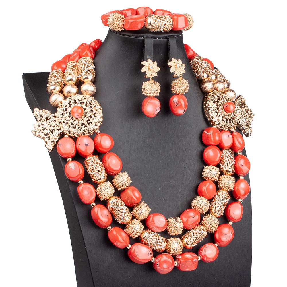 3 Layers Real Coral Beads Bib Women Necklace Gold African Dubai Gold  Wedding Jewelry Set Nigeria Bride Jewelry Set ABG235