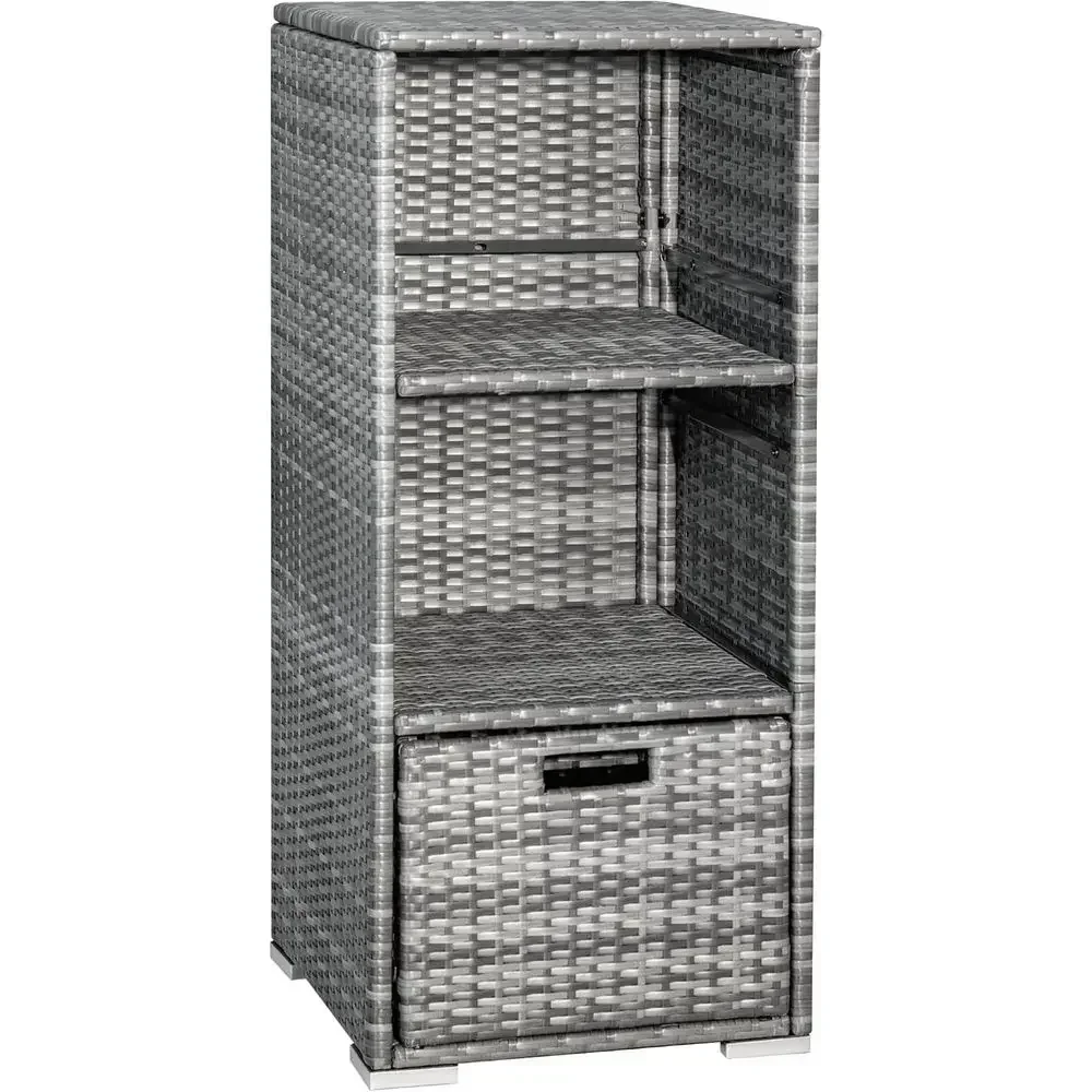 Grey Outdoor Rattan Storage Shed with 2 Shelves and Bottom Drawer for Pool, Patio, Garden, and Deck