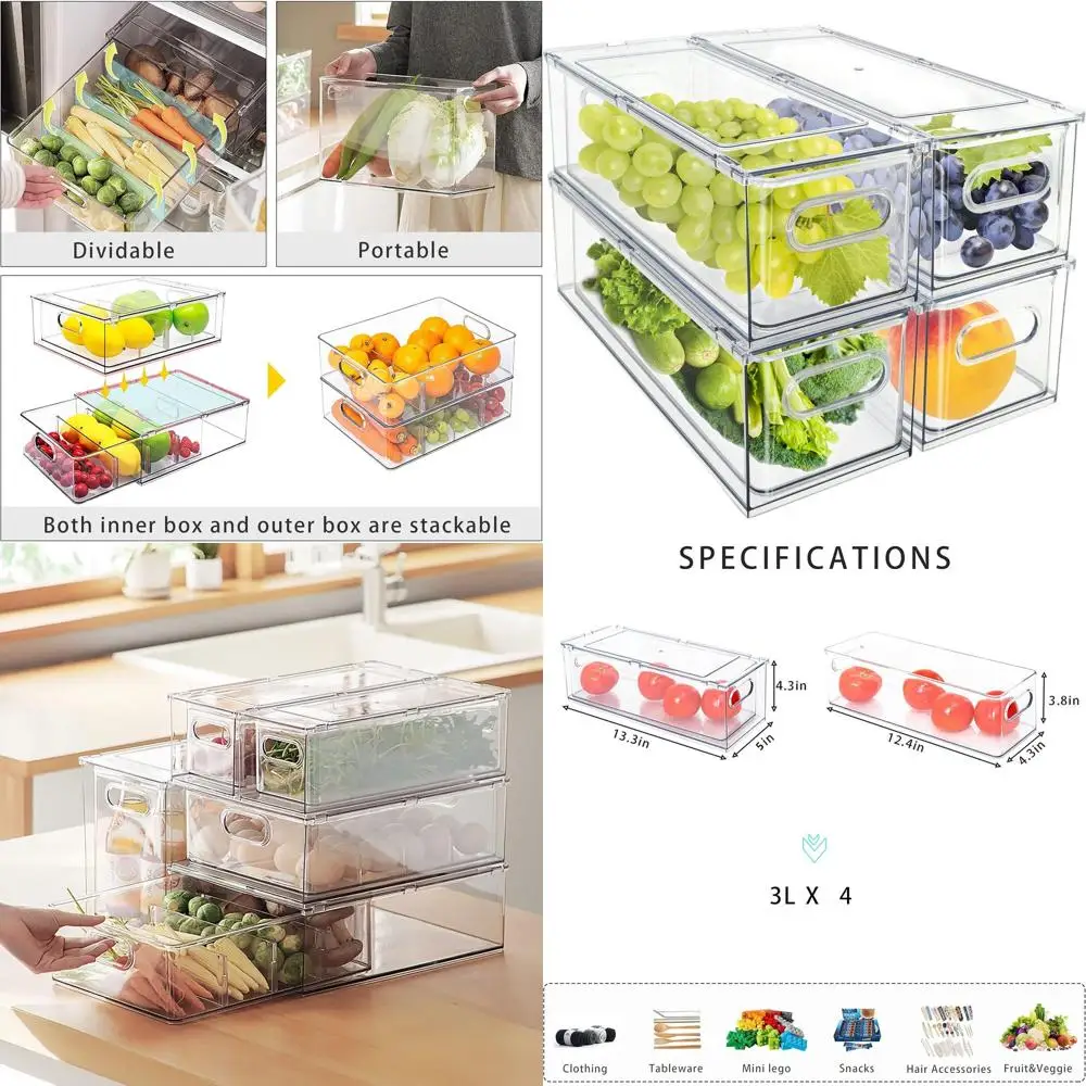 

Stackable Clear Pull-out Storage Bins with Handle for Kitchen, Refrigerator, and Freezer Organization