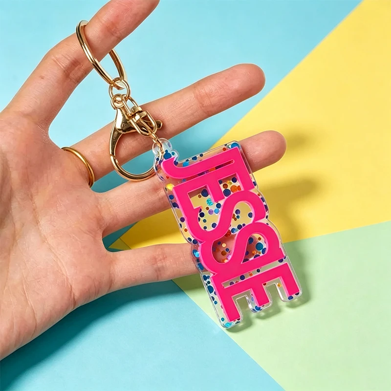Colored Polka Dots Acrylic Name Keychain, Custom Gift