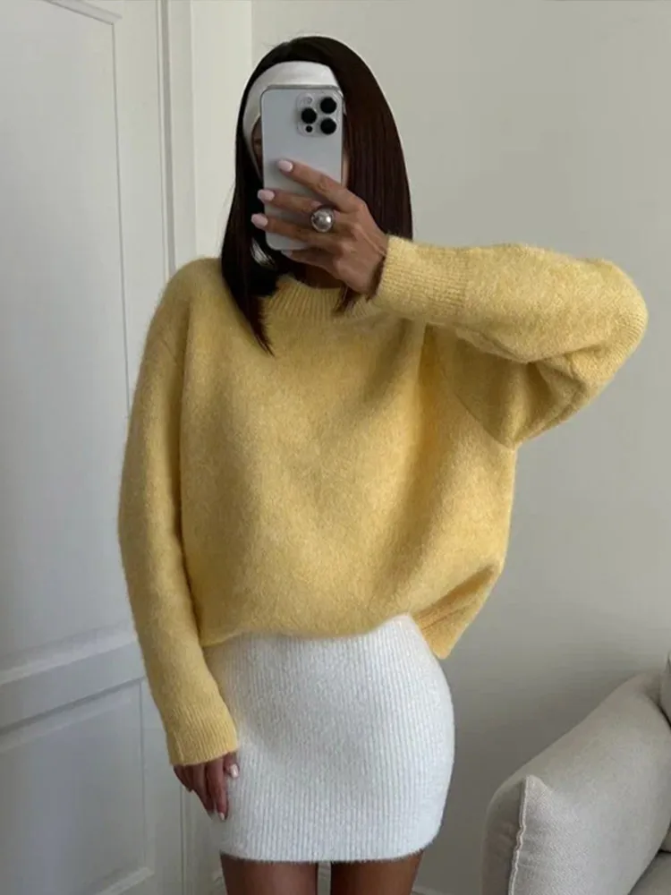 عادية الأساسية متماسكة قصيرة البلوز المرأة الصلبة الياقة المستديرة كم طويل فضفاض معطف شتاء سيدة الخريف اليومية الشارع البلوفرات جديد #3