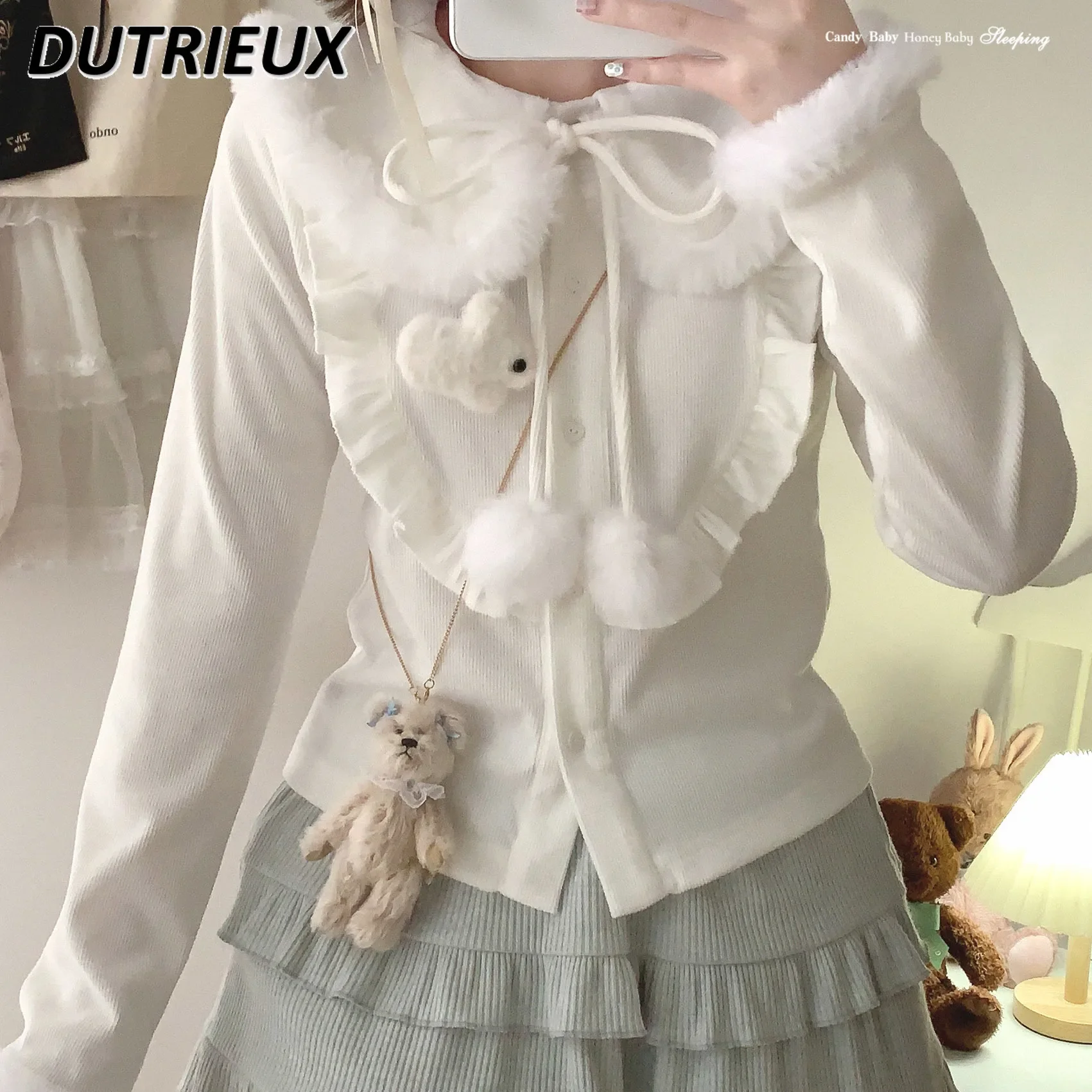 

Spring Autumn Solid Colid Simple Japanese Style Long Sleeve Tops for Women Sweet Cute Lace-up Bow Lady Casual Shirt Fashion