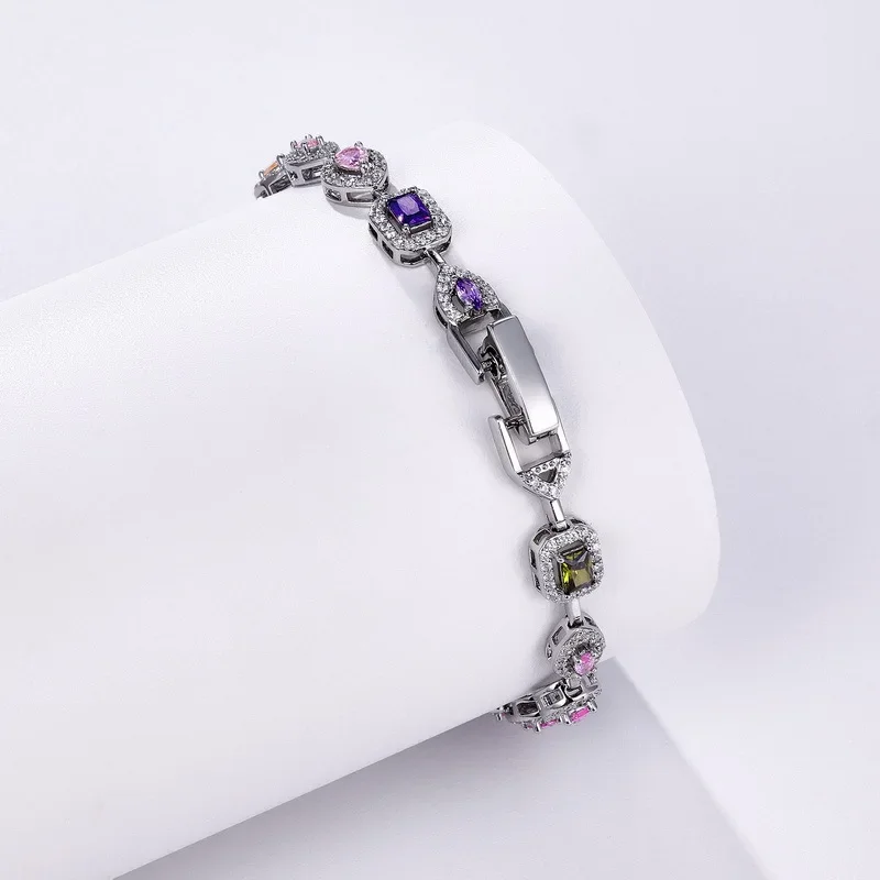 Geometric Design Rainbow Moissanite Bracelet for Women 18K Gold Inlaid with Colored Baby Stones PT950 Platinum Brilliant