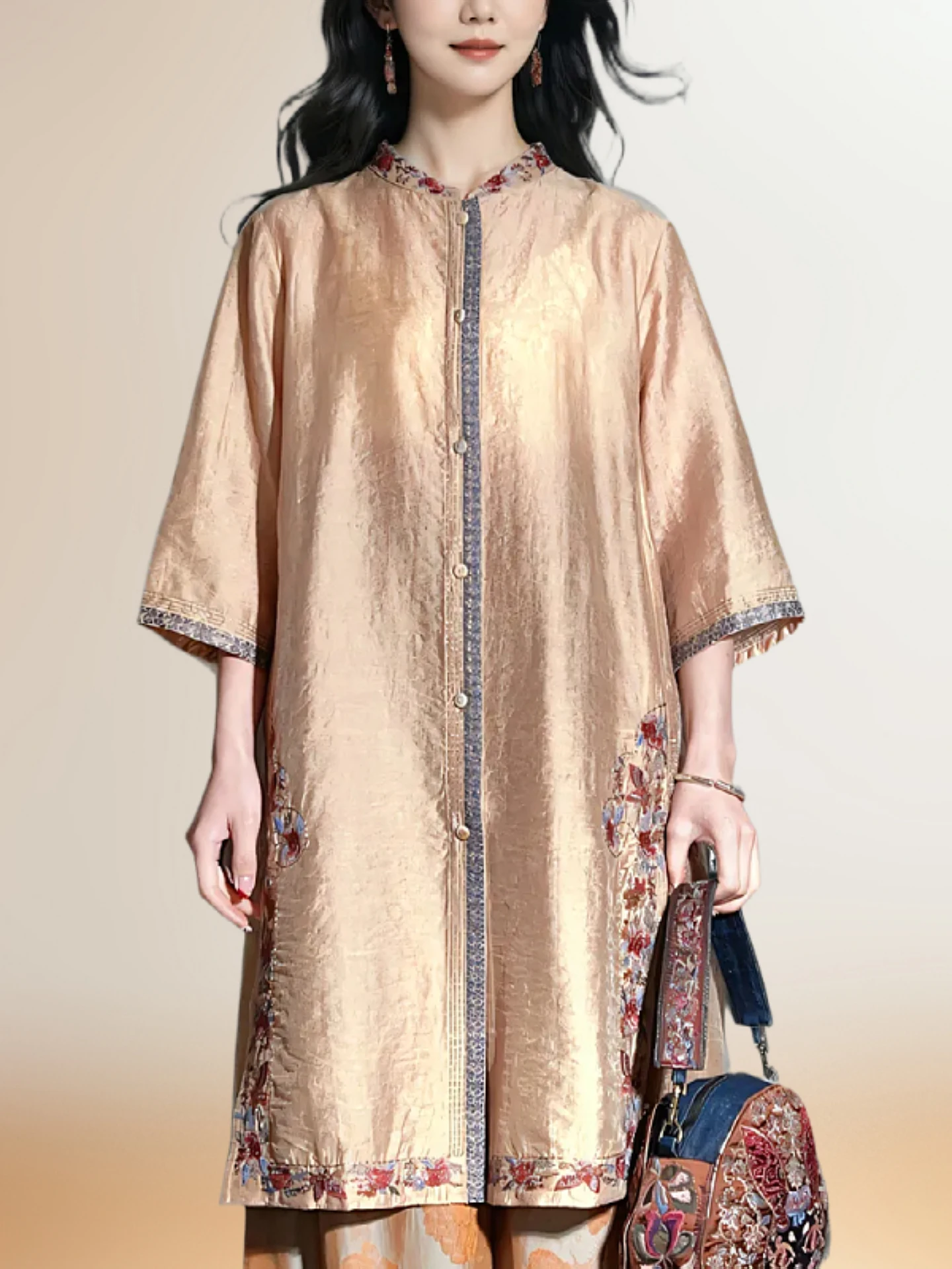 

Ретро-китайская вышитая блузка свободного кроя с воротником-стойкой и рукавом 3/4 для женщин, весенняя новинка, этнический национальный тренд