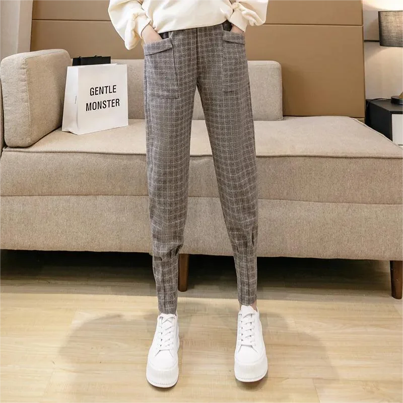 

Women Woolen Plaid Pants Fall Winter Thick Loose Trousers Korean High Waist Radish Pantalons Female Ankle-Length Pant