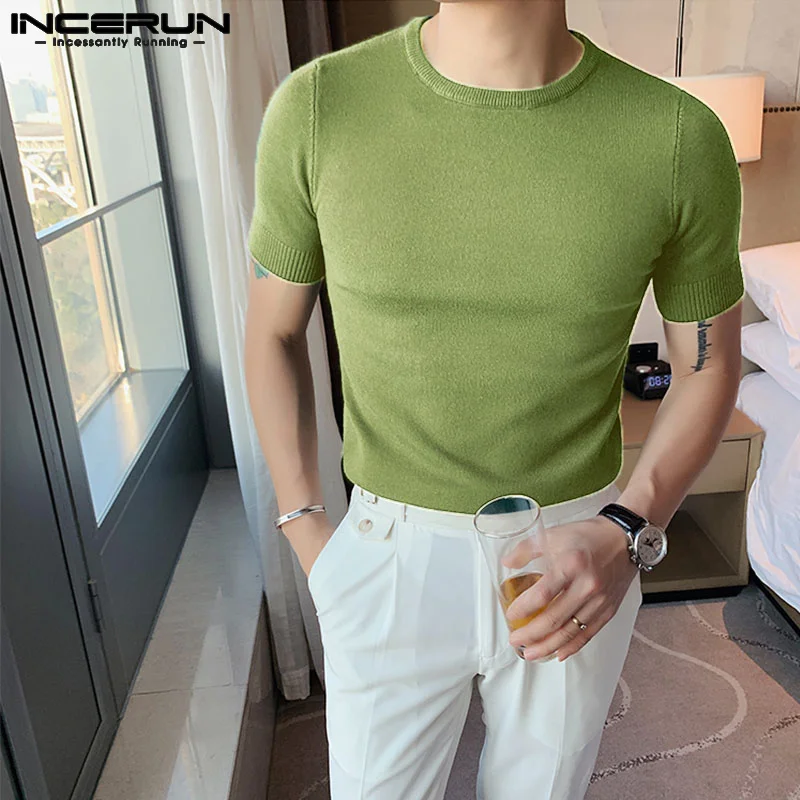 2024 Men\'s T Shirt Round Neck Short Sleeve Summer Korean Basic Tee Tops Solid Color Streetwear Casual Men Clothing S-5XL INCERUN