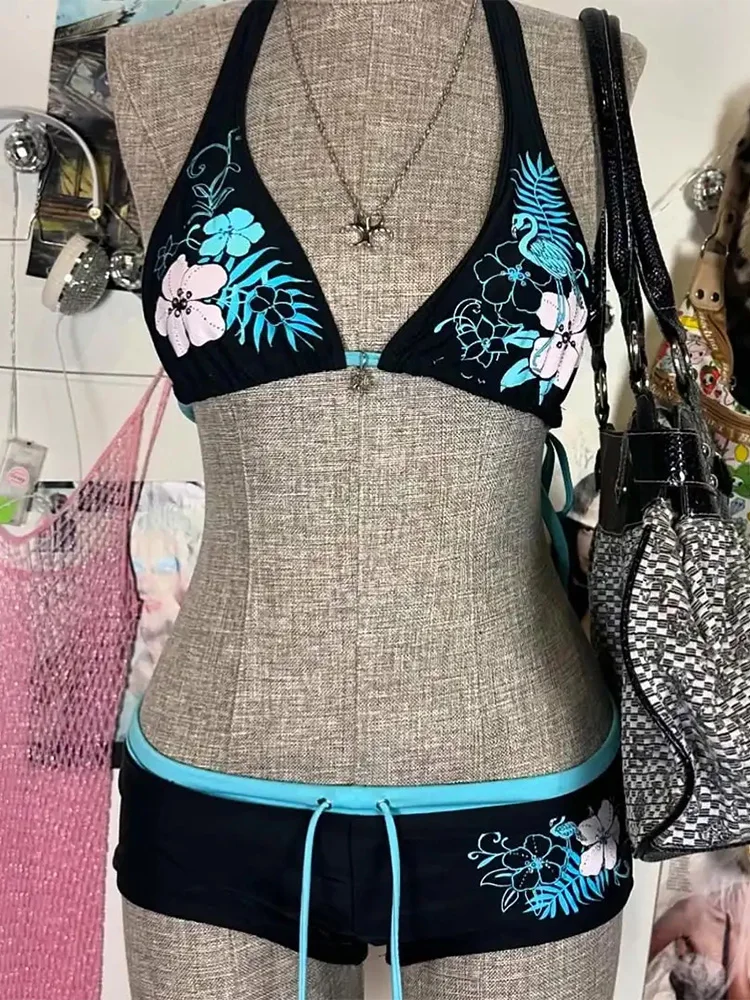 خمر زهرة طباعة كتي مجموعة بيكيني 2000s ملابس السباحة مثير النساء الاستحمام موضة الرسن حزام ملابس السباحة شارع العليا الشاطئ الإناث