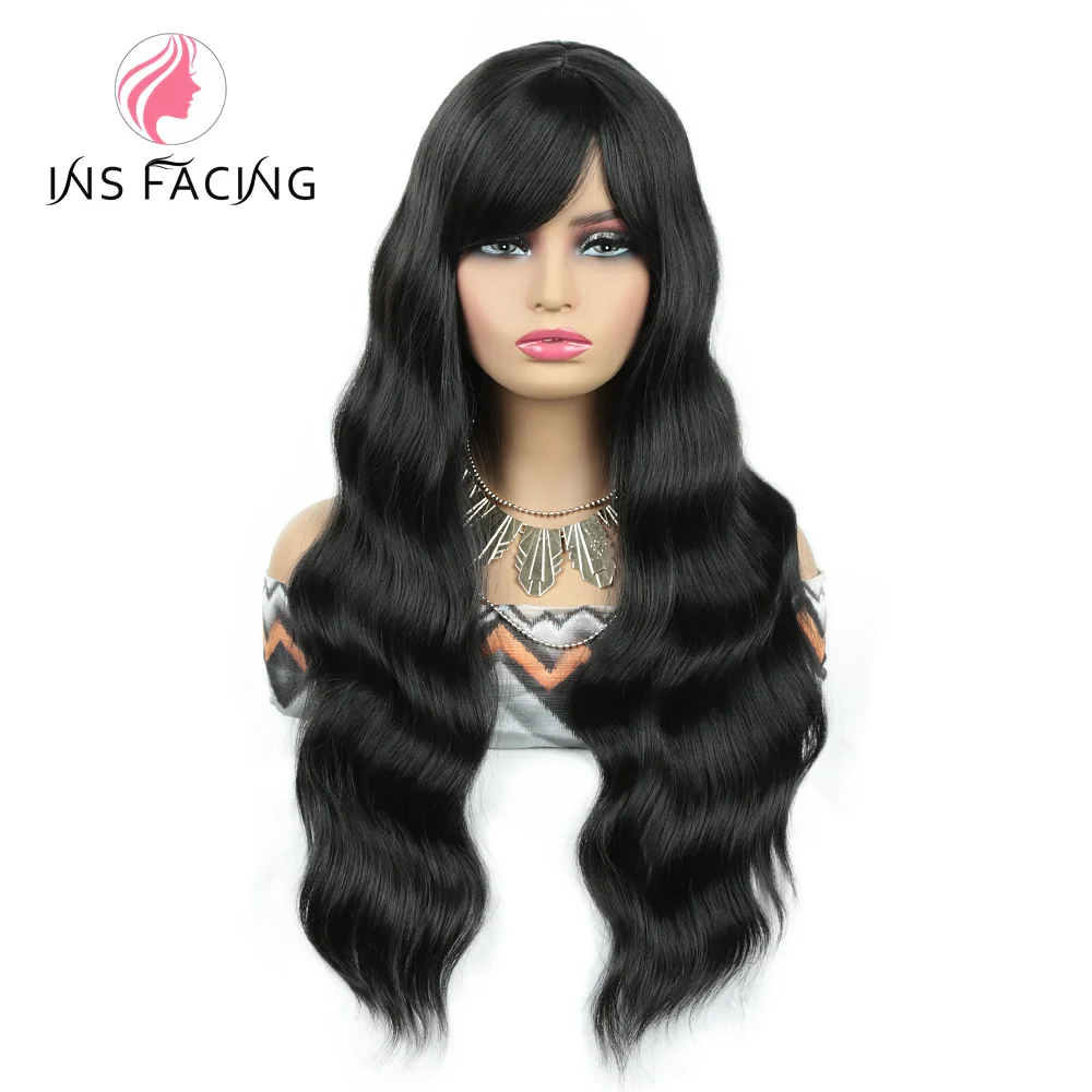 synthetic hair 28inch Body Wave with Bangs Full Machine Made Scalp Top Wig 150% Density Hair Fringe Bangs Wig